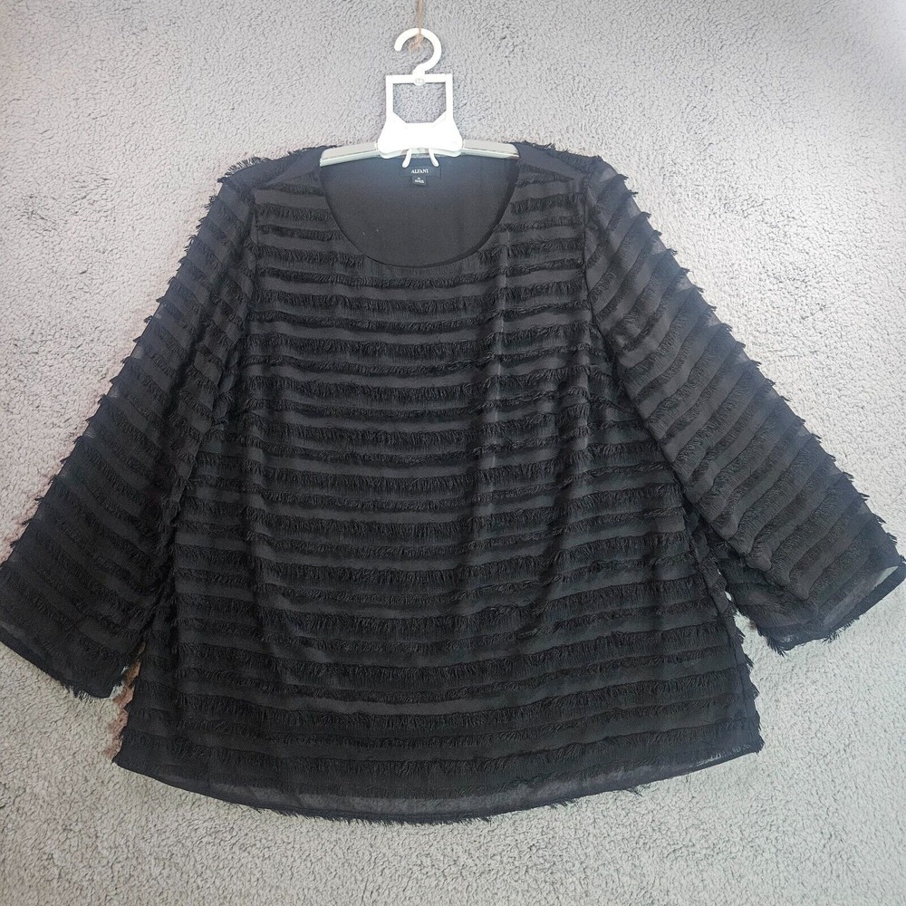 Alfani Top‎ Blouse Womens Size XL Fringe Sheer Lined Black Elegance - XL